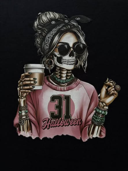 Halloween Skeleton Girl Graphic T-Shirt – Coffee Lover Handmade Gildan Tee | Size Small