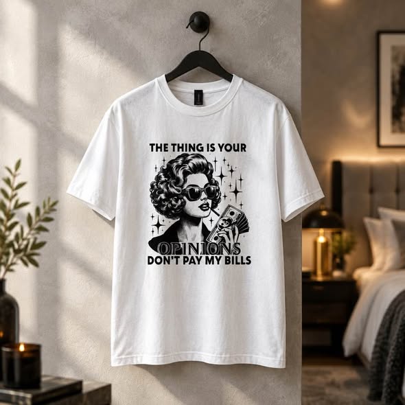 Your Opinions Don't Pay My Bills Graphic T-Shirt – Sassy Retro Money Girl Tee – White Size Medium