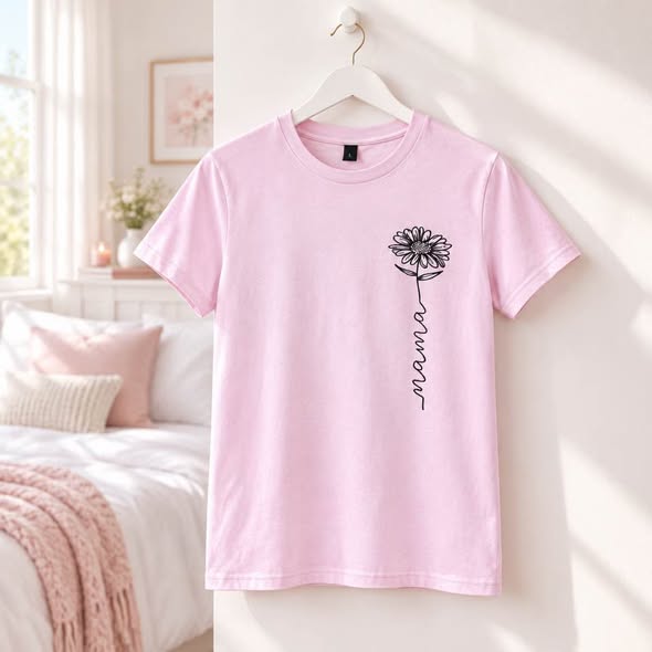 Pink Mama Sunflower Graphic T-Shirt – Cute Floral Mom Tee – Handmade Gildan Size Smal