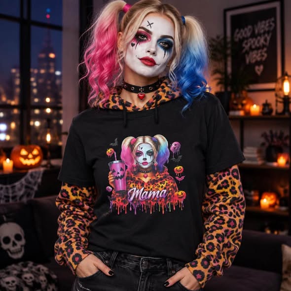 Women's Halloween Mama Graphic T-Shirt Size M Black Spooky Clown Goth Tee