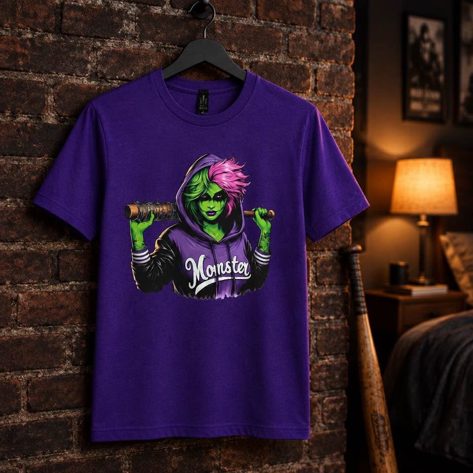 Women's Purple Monster Graphic T-Shirt Size Small Handmade Halloween Goth Punk