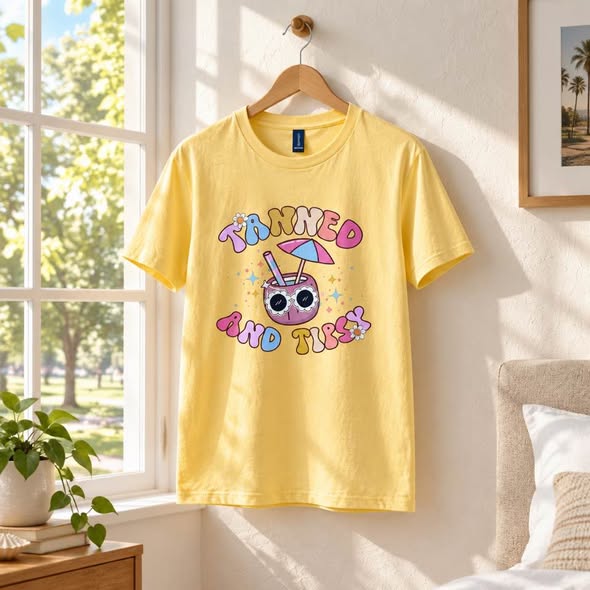 Tanned and Tipsy Graphic T-Shirt Yellow Gildan Size Medium