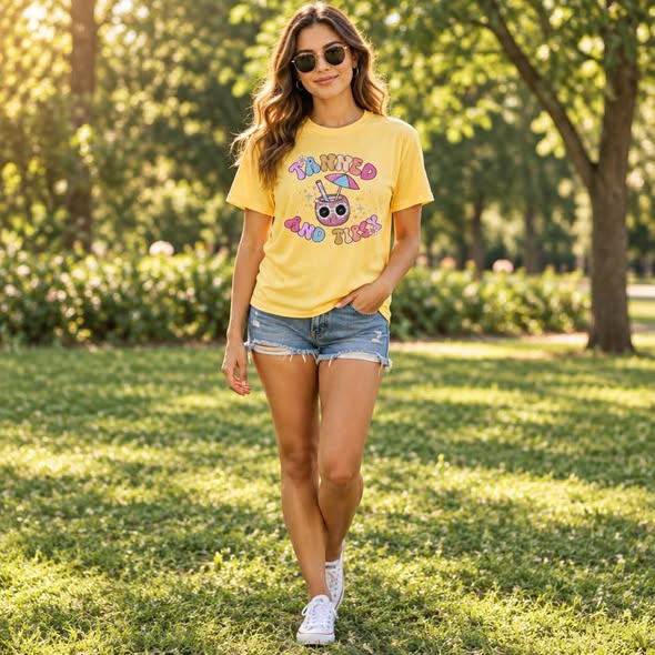 Tanned and Tipsy Graphic T-Shirt Yellow Gildan Size Medium
