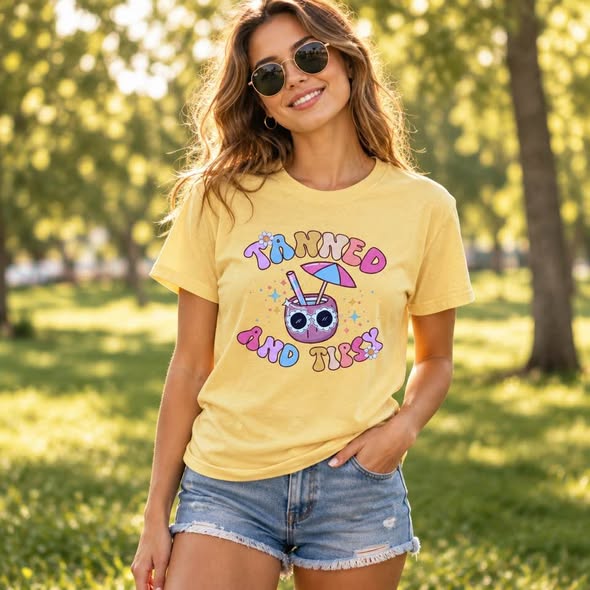 Tanned and Tipsy Graphic T-Shirt Yellow Gildan Size Medium
