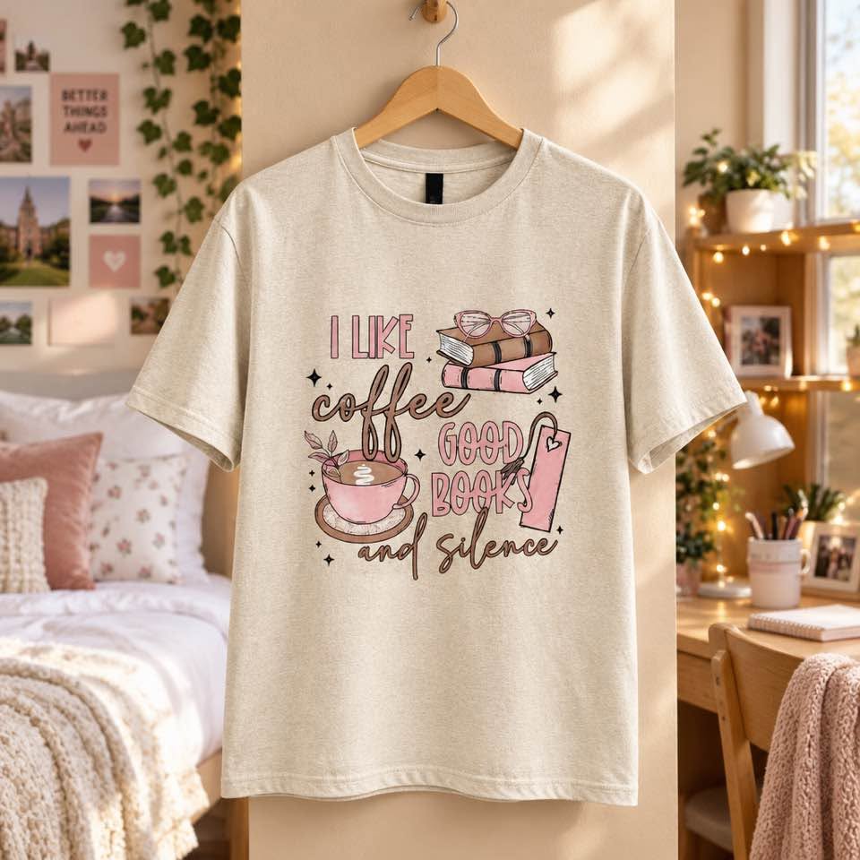 I Like Coffee Good Books and Silence Graphic T-Shirt – Handmade Gildan Tee – Size Medium