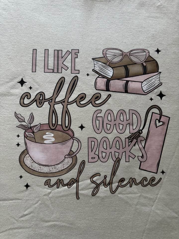 I Like Coffee Good Books and Silence Graphic T-Shirt – Handmade Gildan Tee – Size Medium