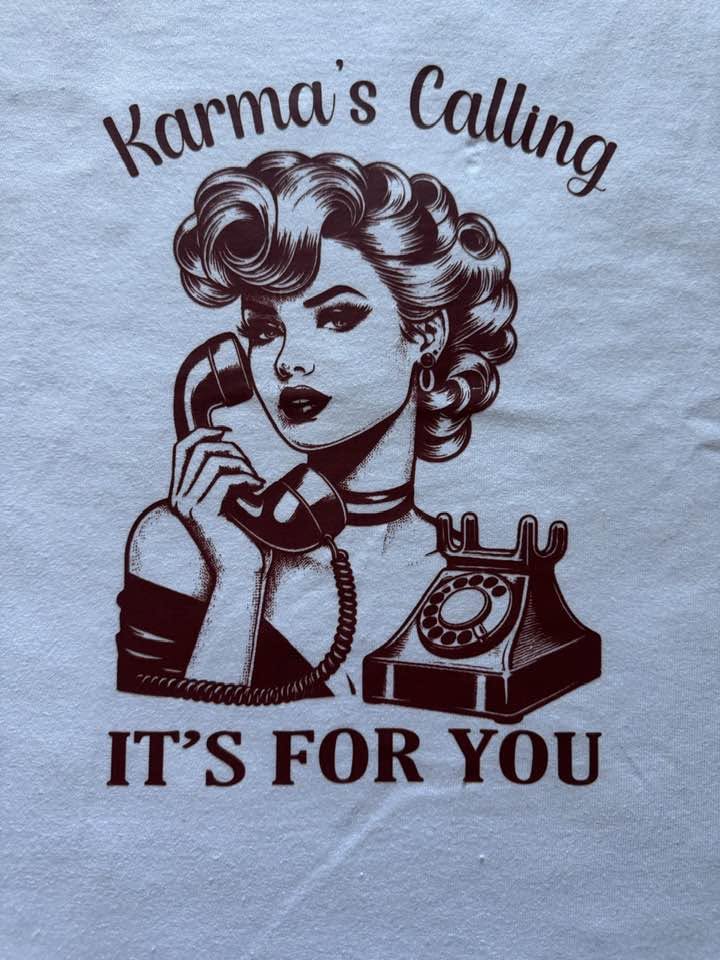 Karma's Calling It's For You Graphic T-Shirt – Vintage Retro Pin-Up Girl Small