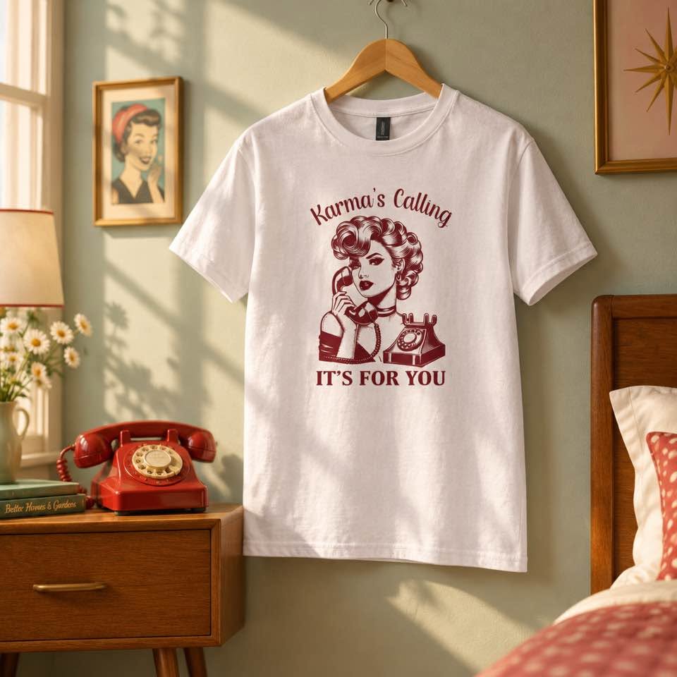 Karma's Calling It's For You Graphic T-Shirt – Vintage Retro Pin-Up Girl Small