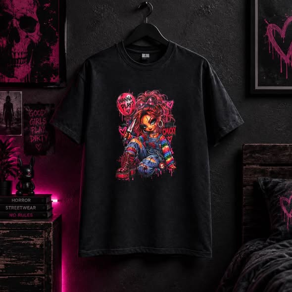 Horror Doll Graphic T-Shirt – Wanna Play Gothic Girl Tee – Size Medium