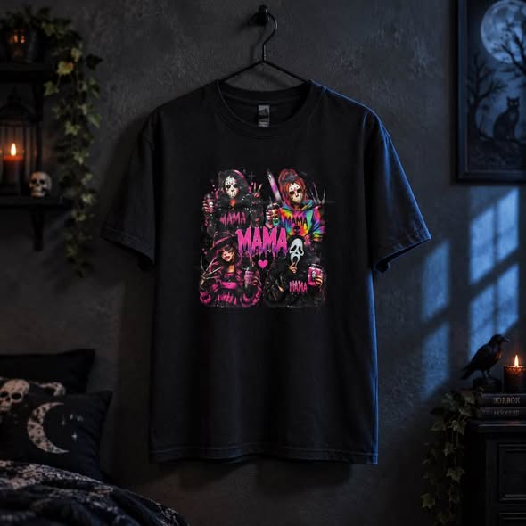 Mama Horror Graphic T-Shirt – Pink Halloween Inspired Tee  Size Large